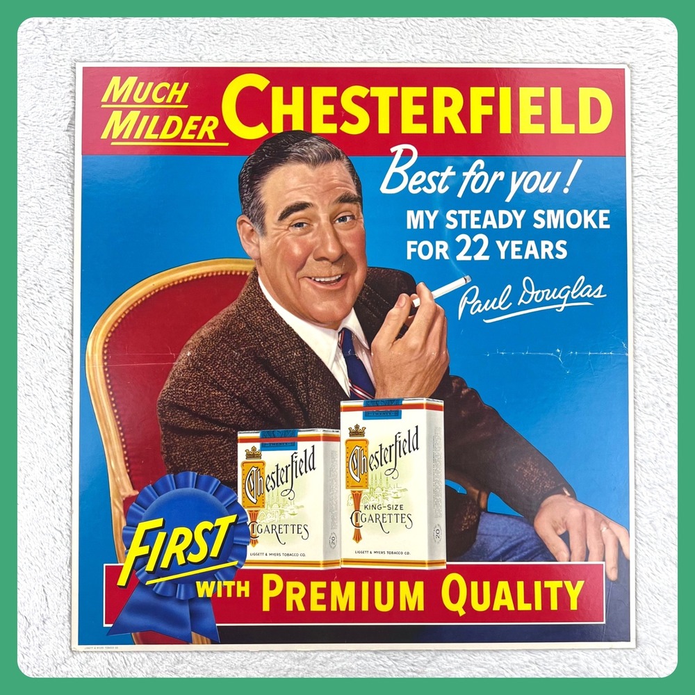1950s Chesterfield Cigarette Cardboard Advertising Vintage Sign 21" Paul Douglas
